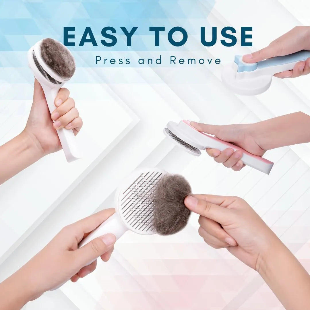 Blue self-cleaning slicker brush for dog and cat grooming on a white background