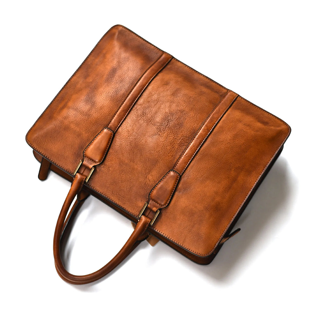 Men's brown leather horizontal business handbag with zipper closure