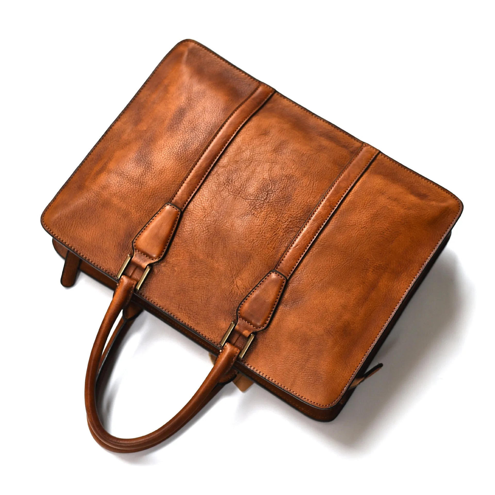 Men's brown leather horizontal business handbag with zipper closure