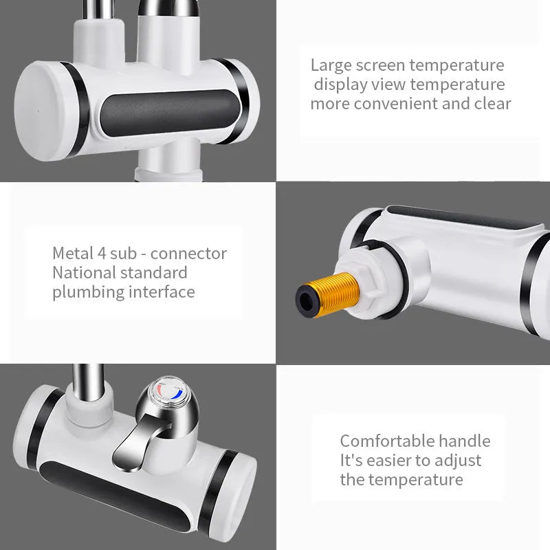 White electric water heater tap with digital temperature display for kitchen sink installation