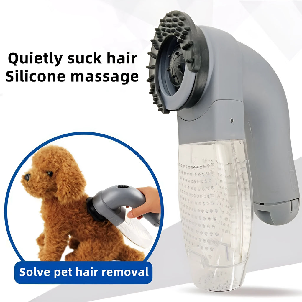 Grey handheld pet hair vacuum cleaner with soft rubber grooming head for dogs and cats