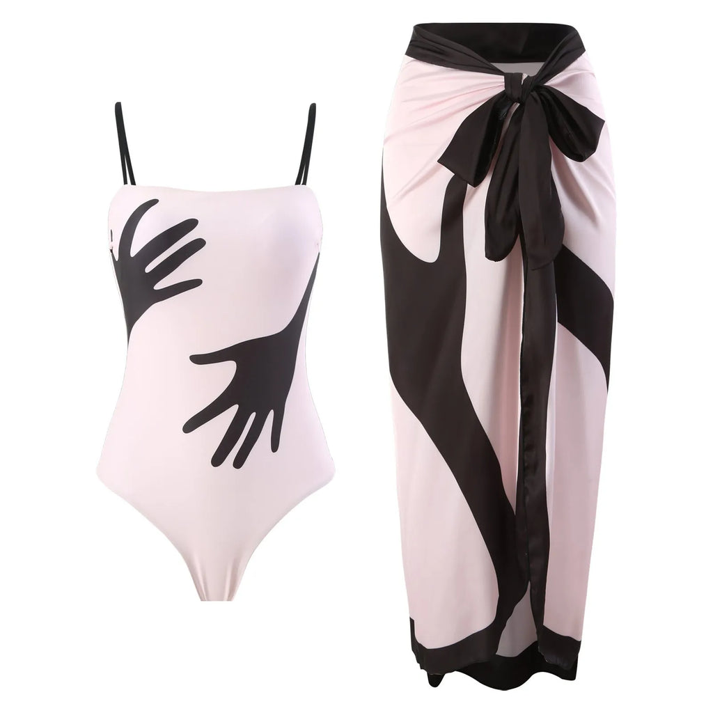Women's one-piece bikini swimsuit with attached white tulle skirt on a mannequin.