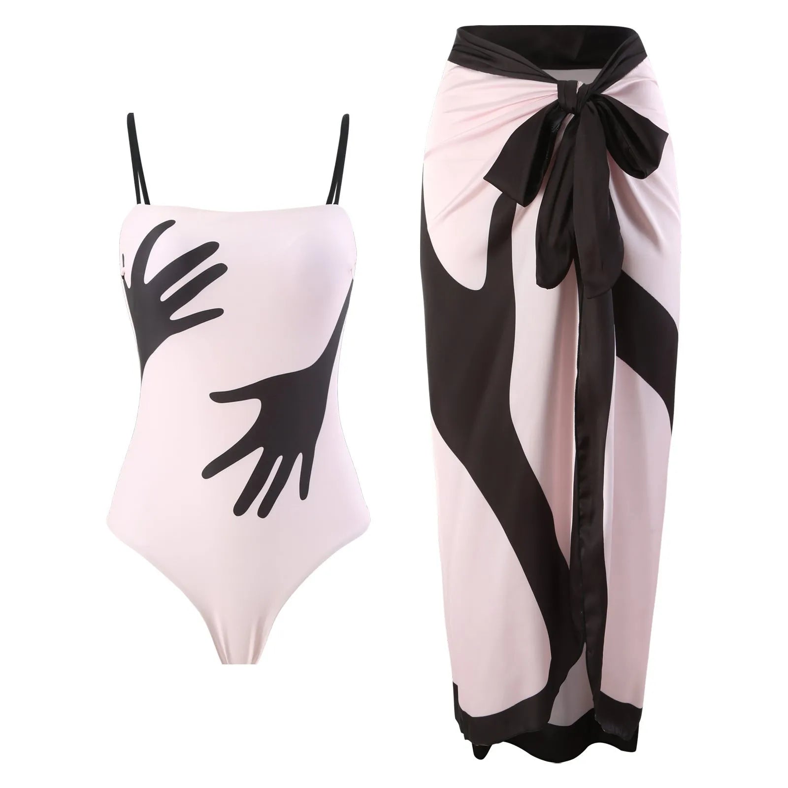 Women's one-piece bikini swimsuit with attached white tulle skirt on a mannequin.
