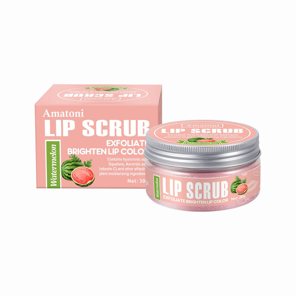 30g Amatoni lip scrub cream container in coconut, raspberry, vanilla, or watermelon flavour