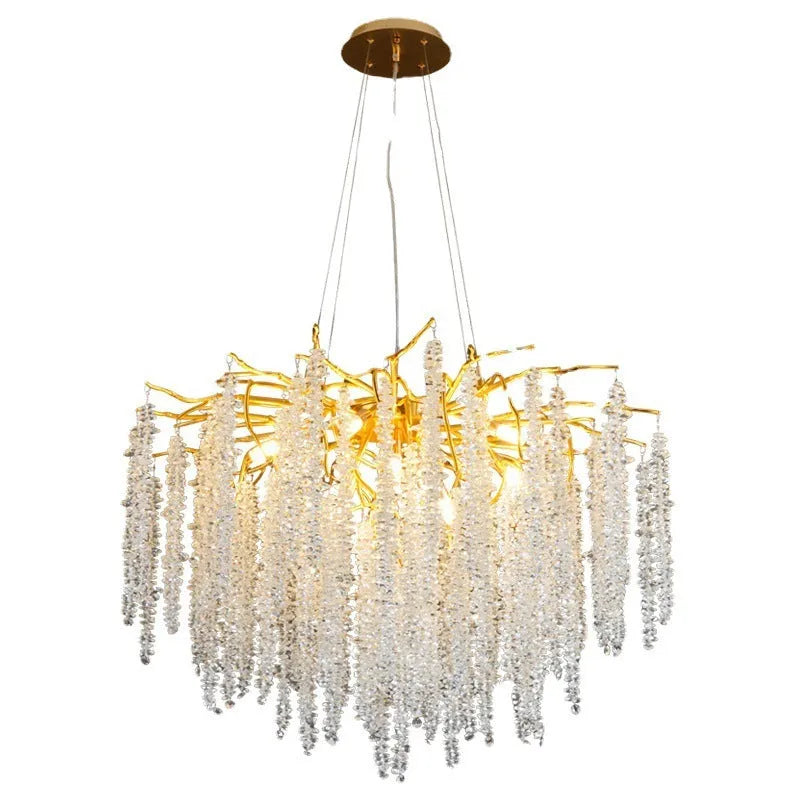 Modern crystal chandelier light with adjustable chain above a dining table.