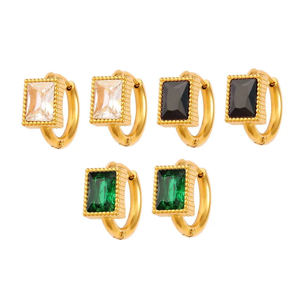 Square geometric zircon stainless steel earrings in white, black or green colour options