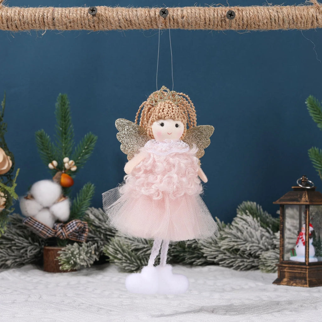 Fabric Christmas angel girl pendant hair accessory for a high ponytail in white, pink, and khaki