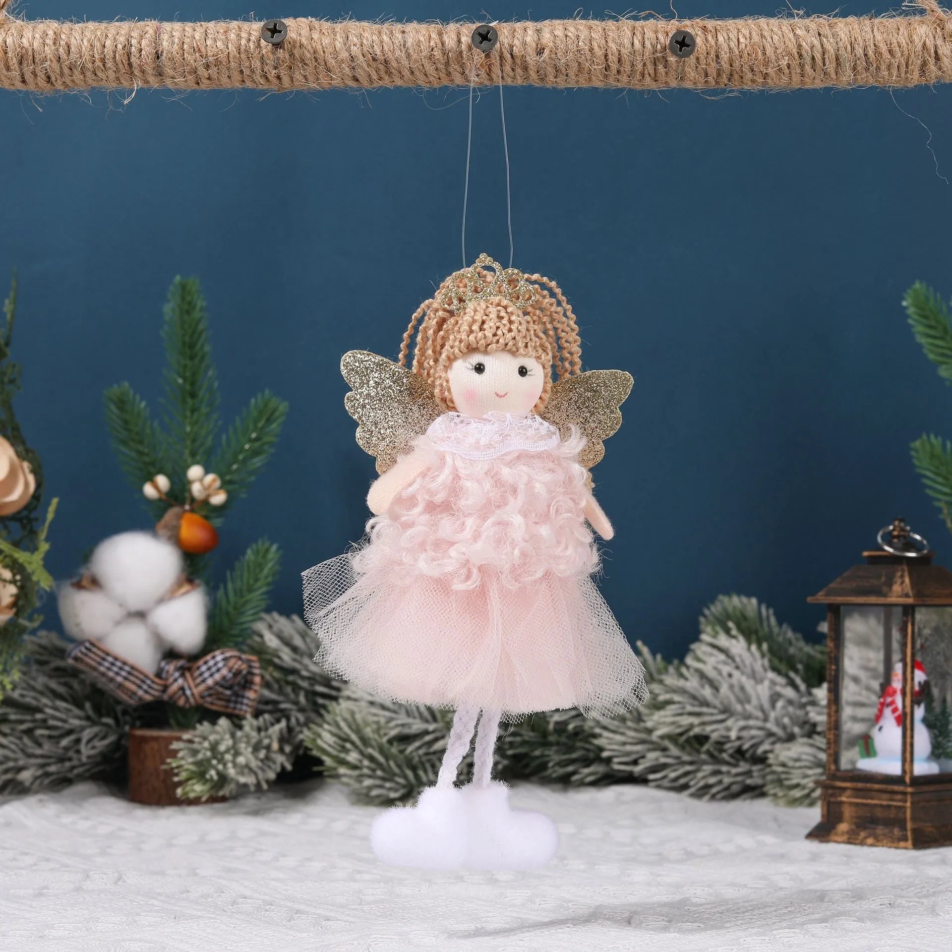 Fabric Christmas angel girl pendant hair accessory for a high ponytail in white, pink, and khaki