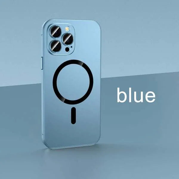 Aluminium alloy frame protective iPhone case with magnetic ring on back, shown in dark purple colour.