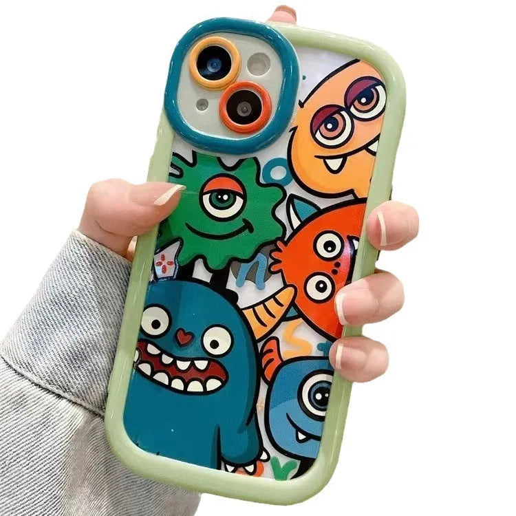 Full screen PC phone case in green with all wrapped cartoon design for Apple iPhone, showing protective edges