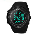 Men's black waterproof digital watch showing large 54.74mm dial and adjustable PU strap