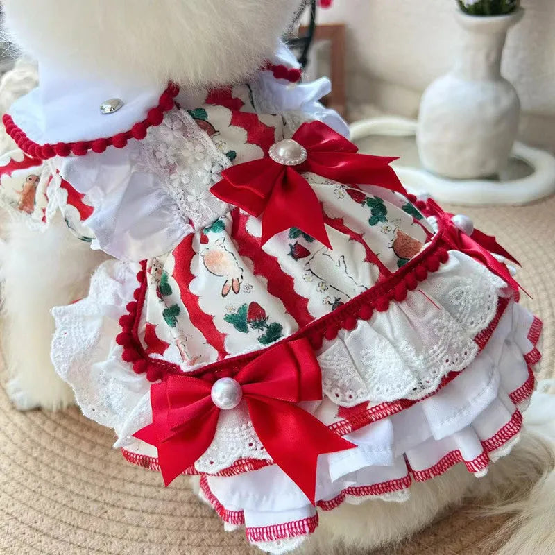 White rabbit skirt princess dress for a small dog on a mannequin, showing the tiered skirt design.