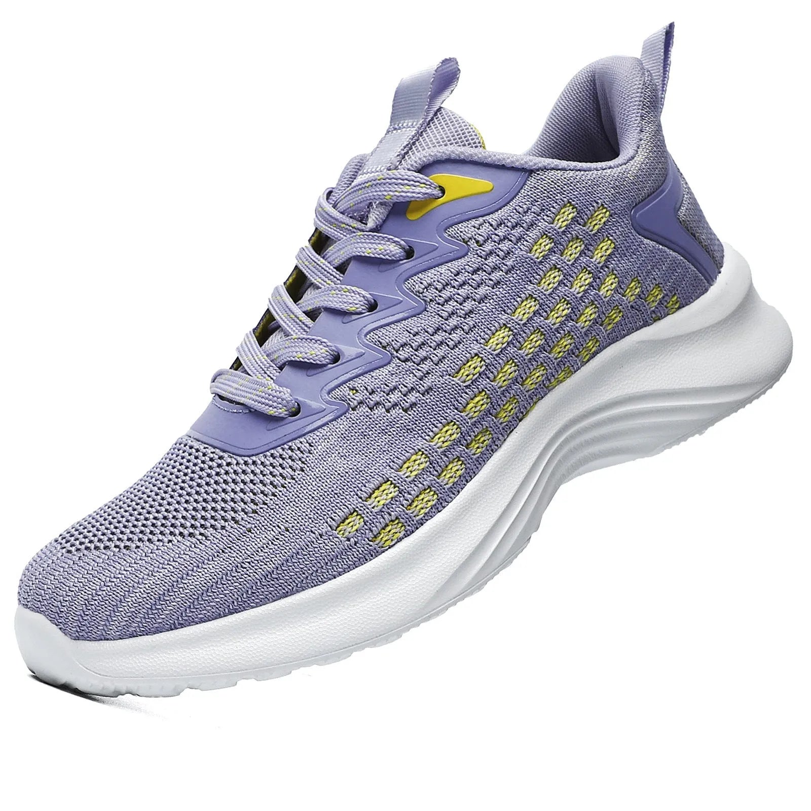 Women's lavender purple Flyknit running shoes with mesh lining and striped pattern