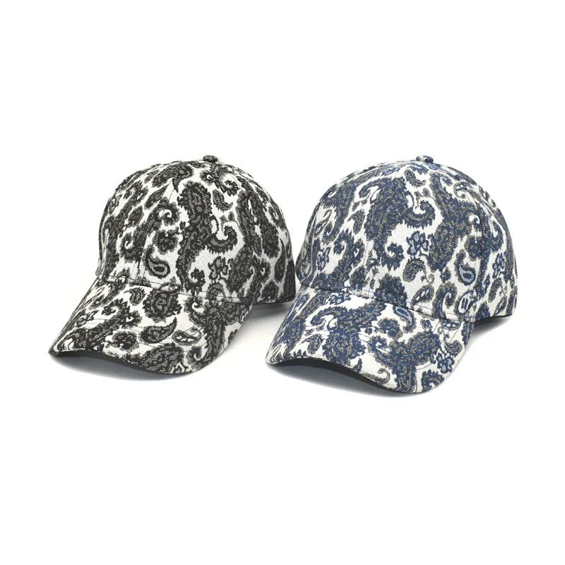 Polyester baseball cap with paisley pattern in blue colour showing dome crown design