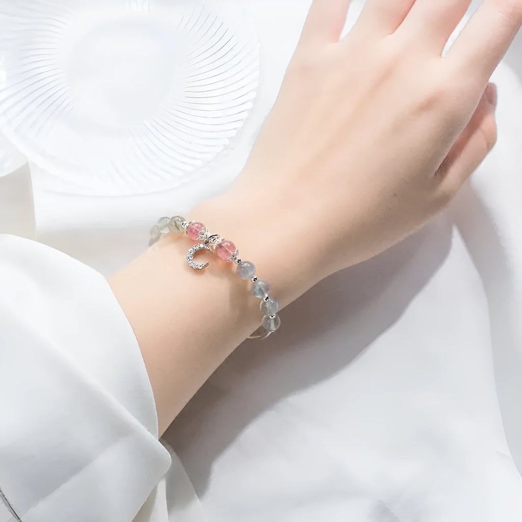 Natural moonstone handmade bracelet with adjustable length and crescent moon detail