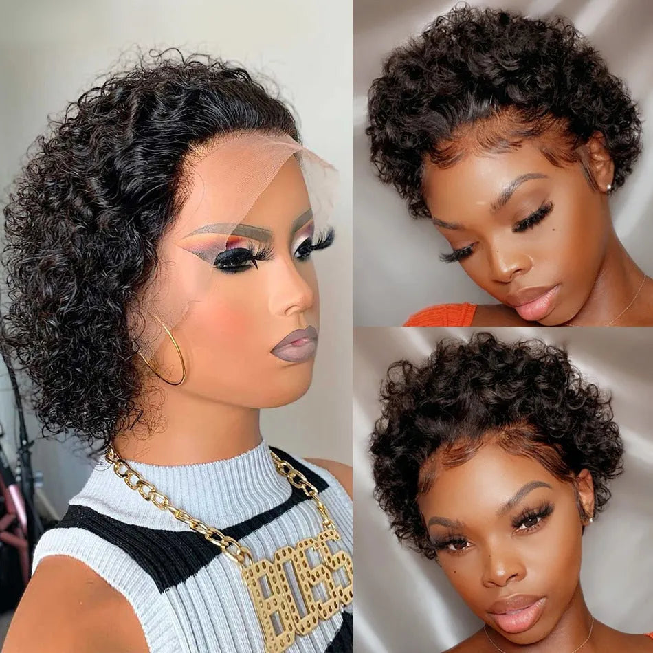 Black human hair pixie wig with lace front for daily wear.