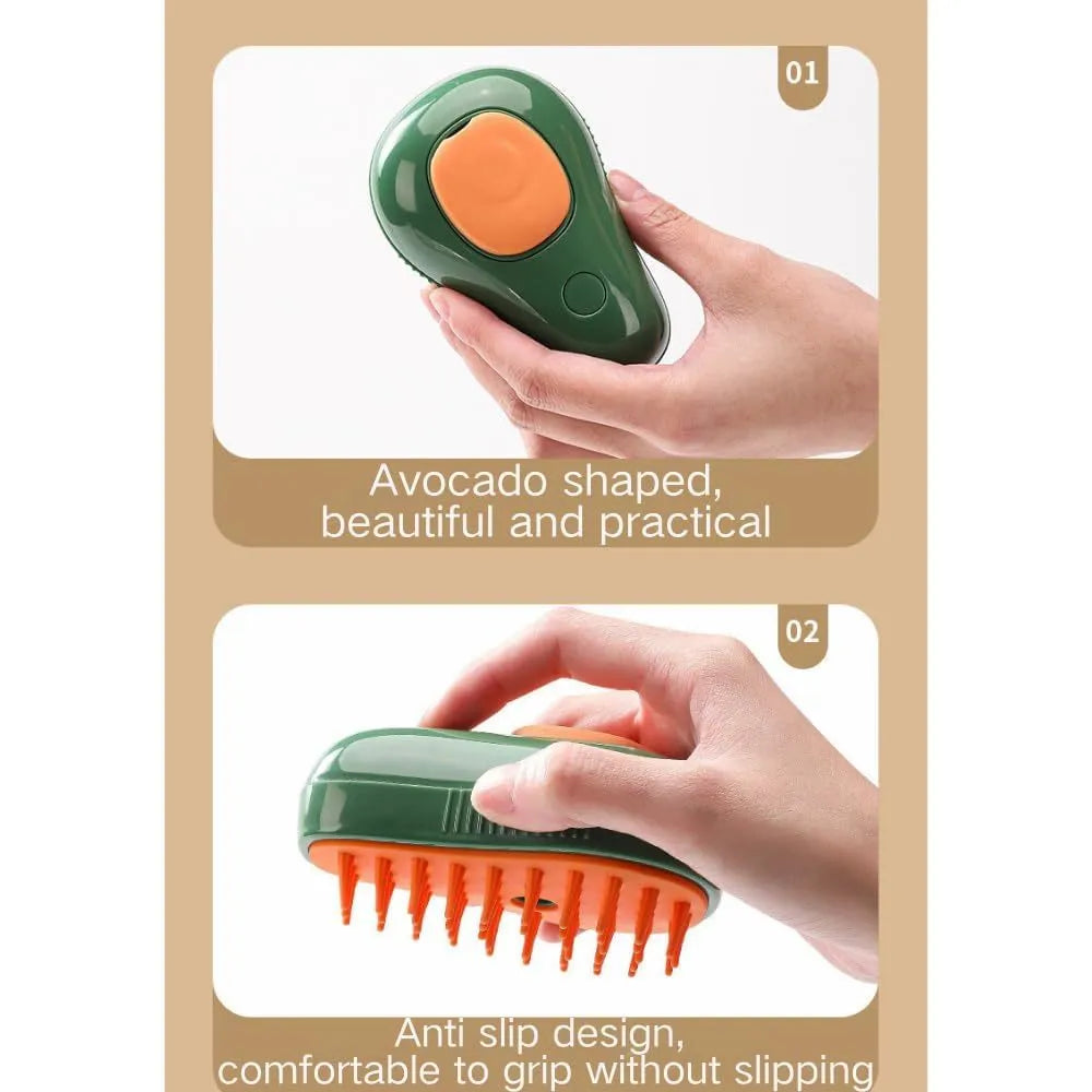 Green and white cat steam brush with water spray system and silicone teeth for pet grooming