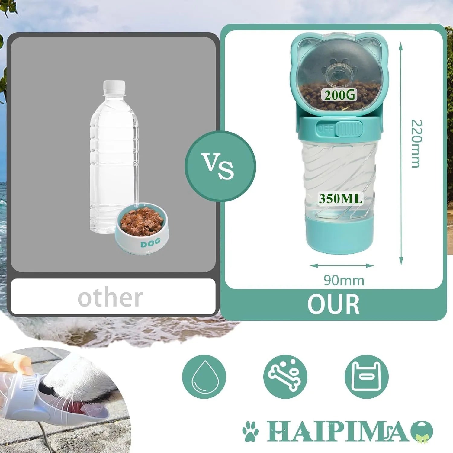 Green 3-in-1 portable pet water bottle with food pot and waste bag dispenser attached to a hand strap.