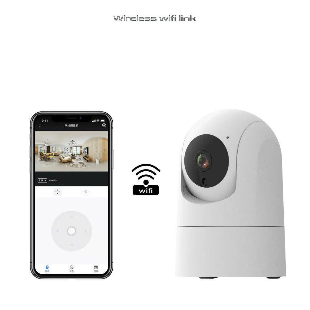 White indoor smart security camera on a table with UK power plug