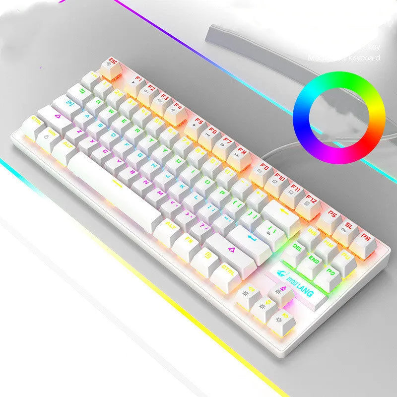 Gaming mechanical keyboard in black, white, blue, or pink colour with ABS housing and simple design.