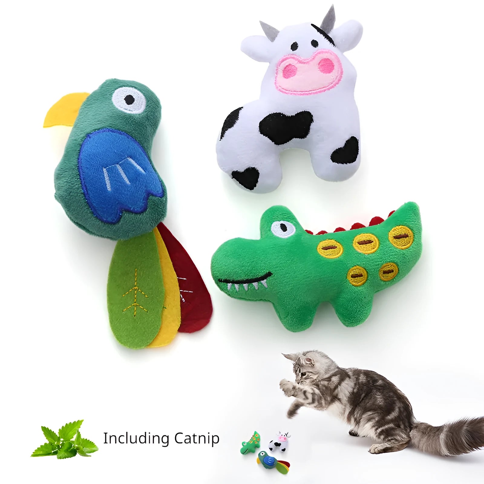 Green parrot-shaped plush cat toy with catnip filling, shown next to a cat for scale.