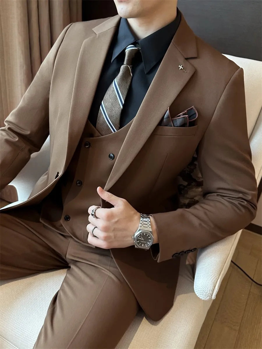 Men's slim fit formal business suit in chemical fibre blend fabric in dark green colour