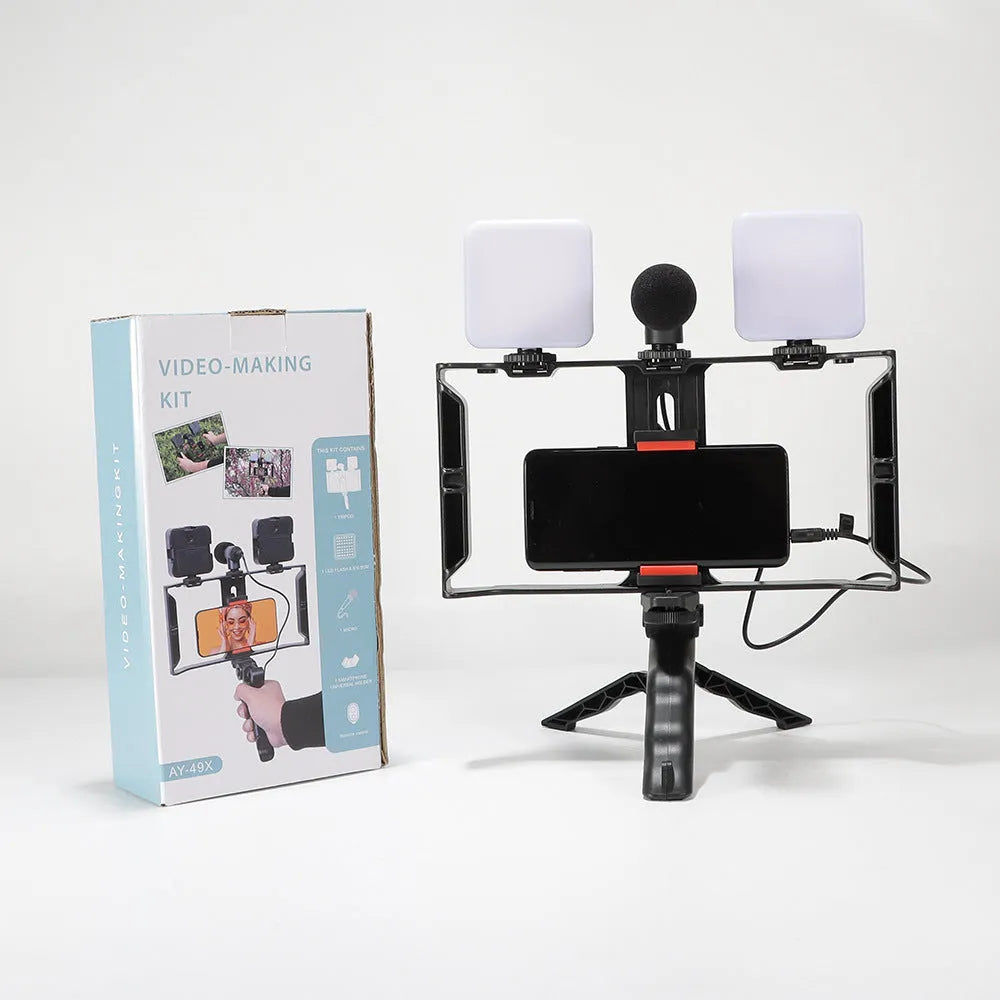Compact square LED outdoor flash unit with mini tripod, showing rotatable head and scale indicating 7.3cm size.