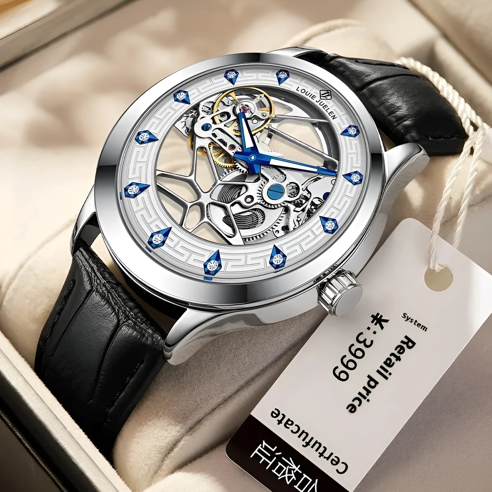 Men's silver mechanical watch with white dial, blue hands, black leather strap, and luminous markers
