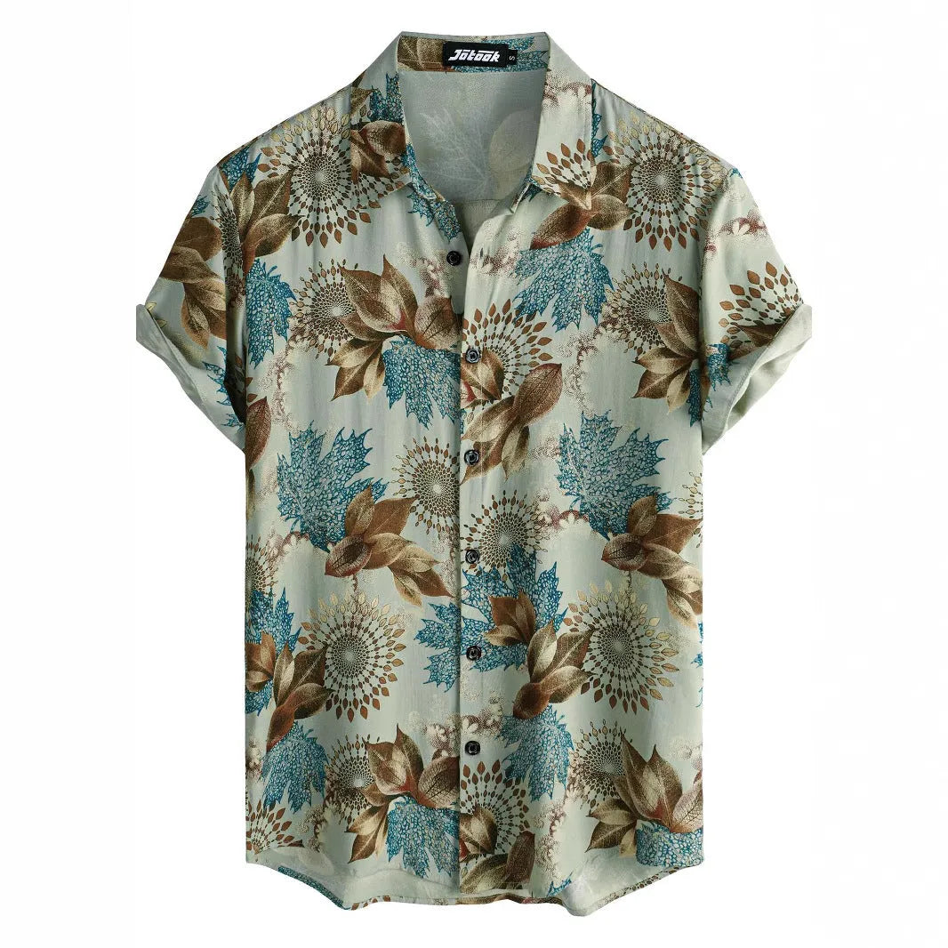 Hawaiian floral print short sleeve shirt with lapel collar on a hanger
