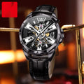 Men's automatic mechanical watch with hollow dial design and brown leather strap