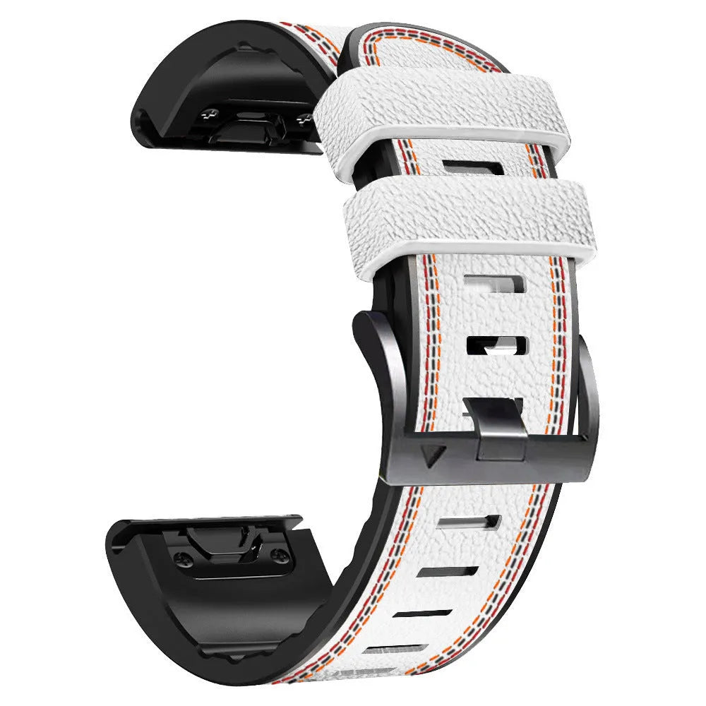 Silicone leather quick-release watchband for Garmin Fenix watches in black, coffee, light brown, or white.
