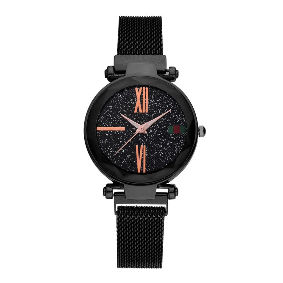 Women's stainless steel watch with a round 32mm dial and a magnet clasp, shown in rose gold colour.