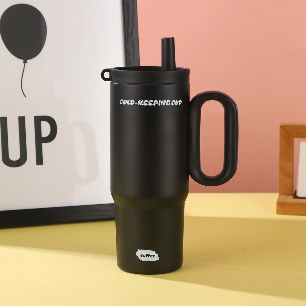 DIY Vitality large insulated straw cup with handle in five colour options: black, pink, sky blue, white, yellow.