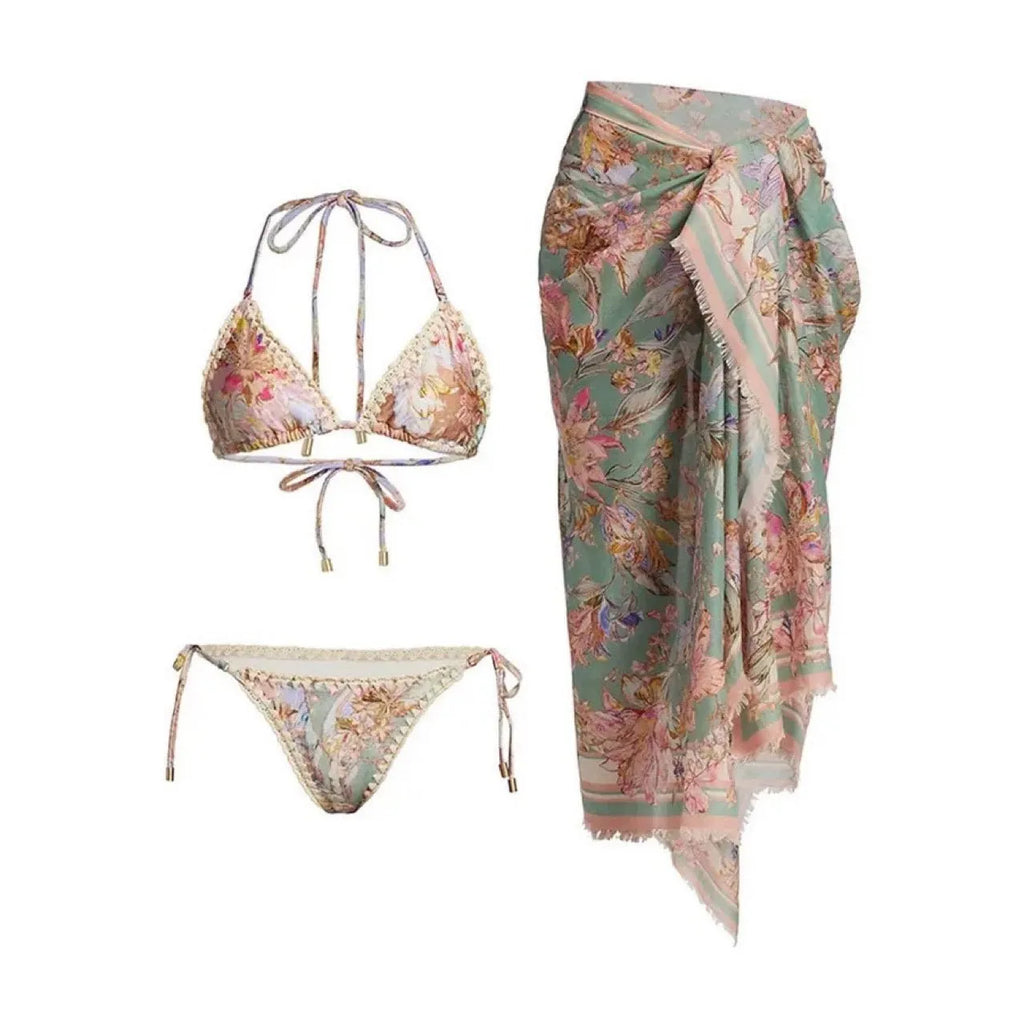 Women's floral print bikini set with skirt cover-up in creamy-white beige colour