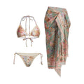 Women's floral print bikini set with skirt cover-up in creamy-white beige colour