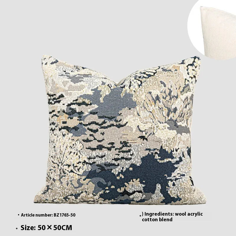 Antique blue floral print decorative cushion with wool blend fabric, shown in square and waist pillow sizes.