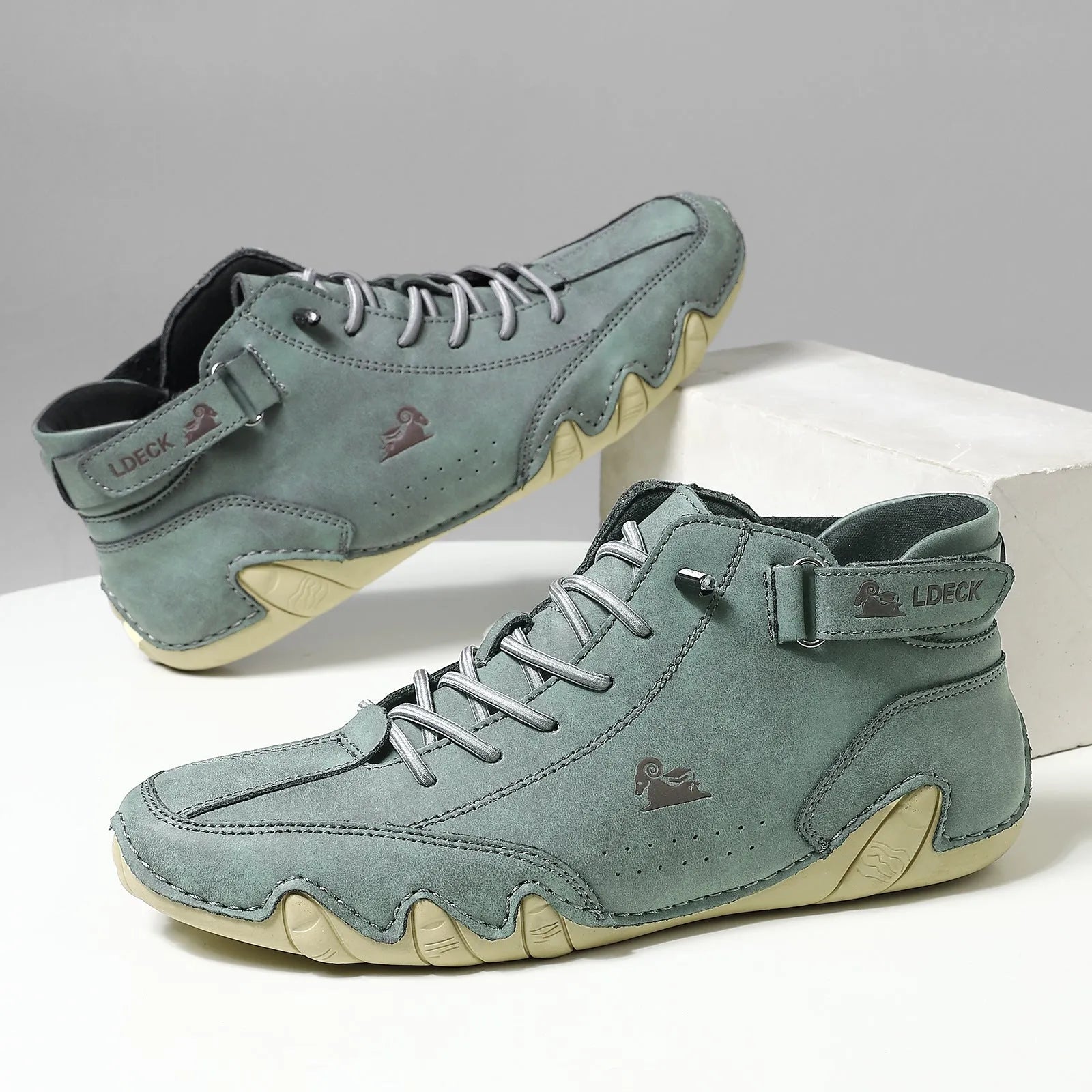 Men's khaki high-top octopus casual shoes with a microfiber upper and rubber sole.