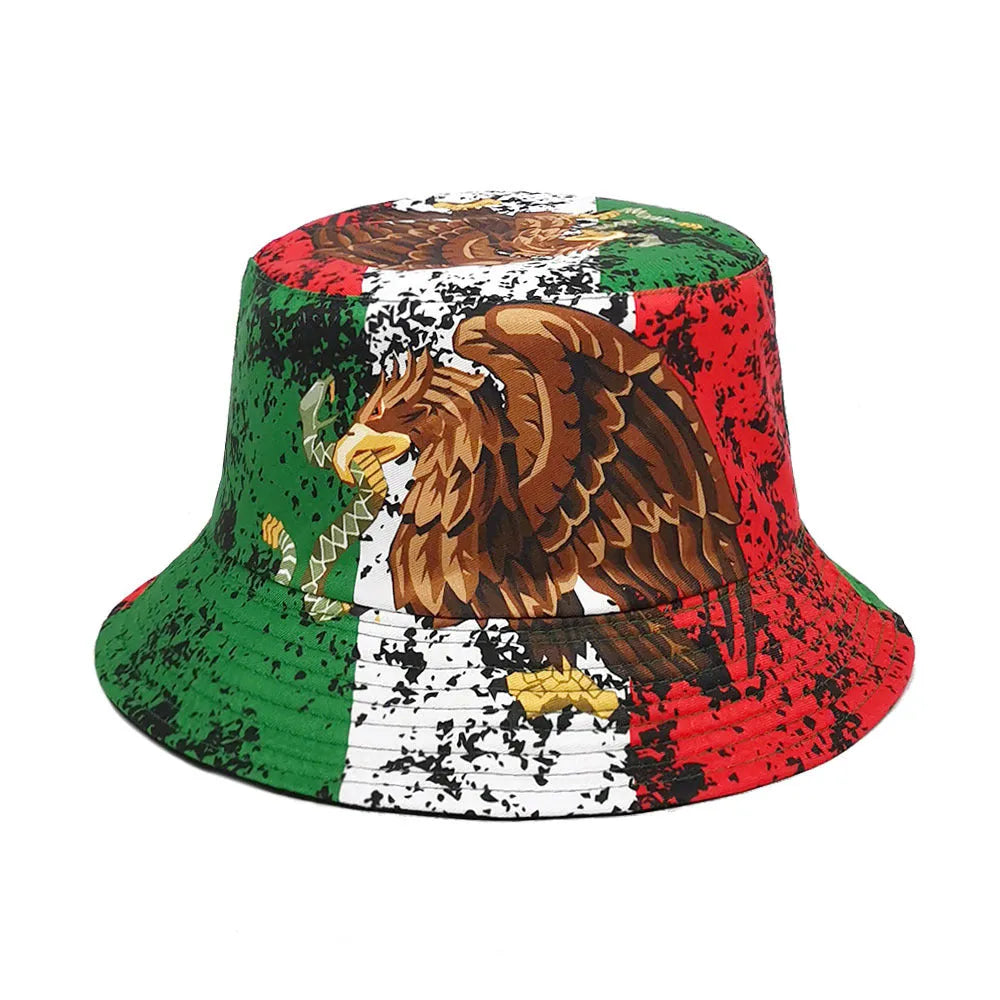 Retro-style polyester bucket hat featuring a large eagle pattern print on the crown.