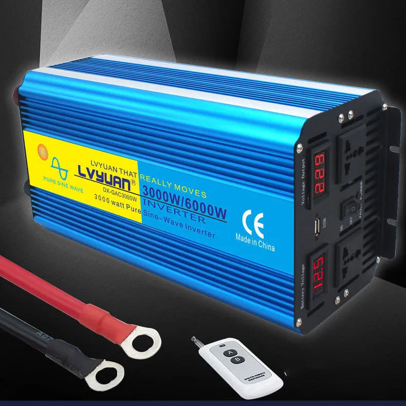 Blue high-power pure sine wave car inverter with digital display and remote control.