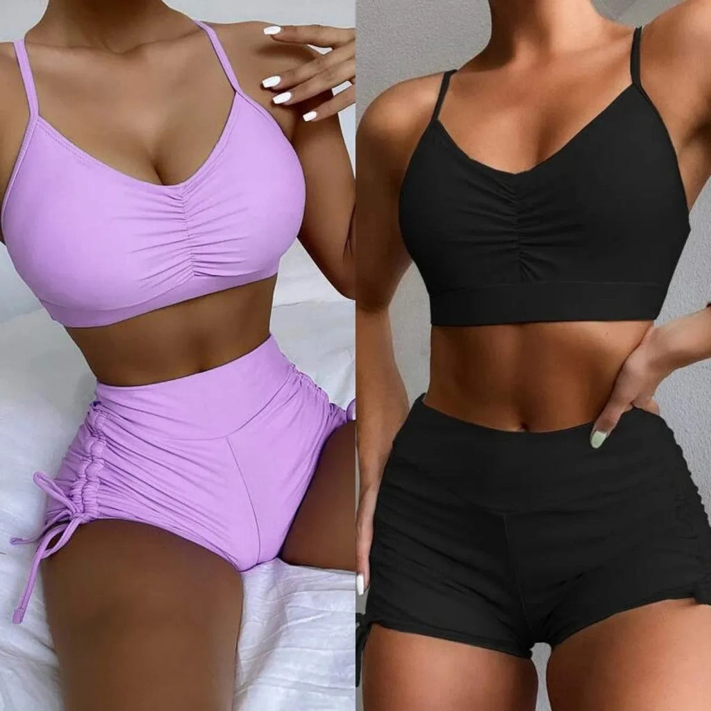 Women's high waist split swimsuit bikini in black or violet colours for swimming activities