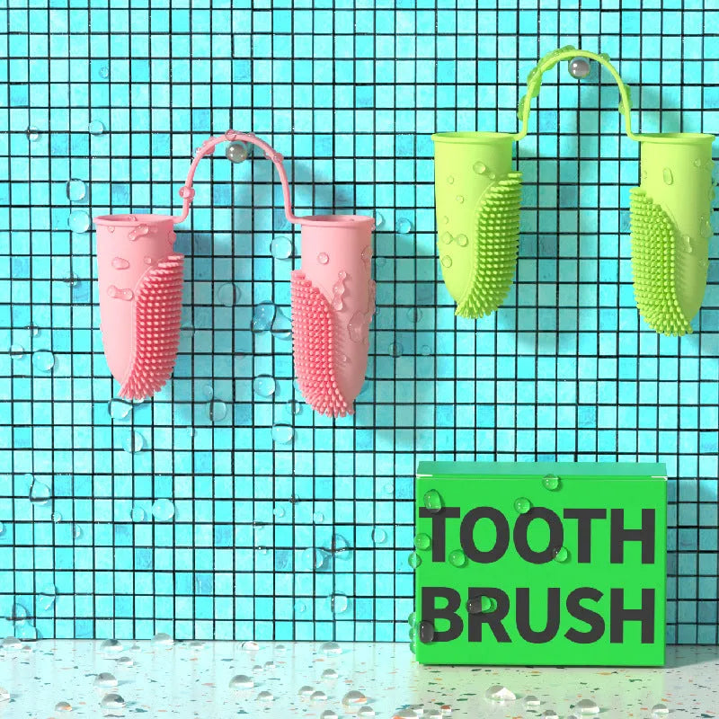 Double finger toothbrush set for pets with TPR finger sleeves in pink, blue green and yellow