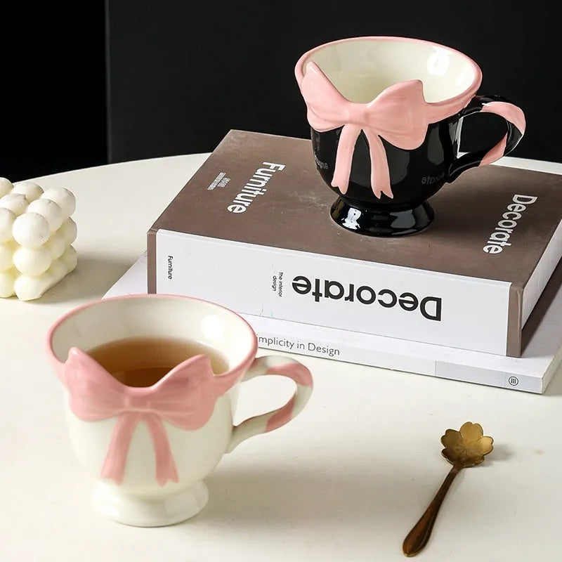 Ceramic heart bow mug in black pink or white powder with 301-400ml capacity