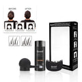 Boxed three-piece hair fibre powder set with spray applicator and comb for thinning hair.