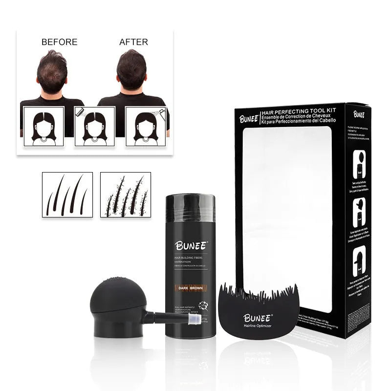 Boxed three-piece hair fibre powder set with spray applicator and comb for thinning hair.