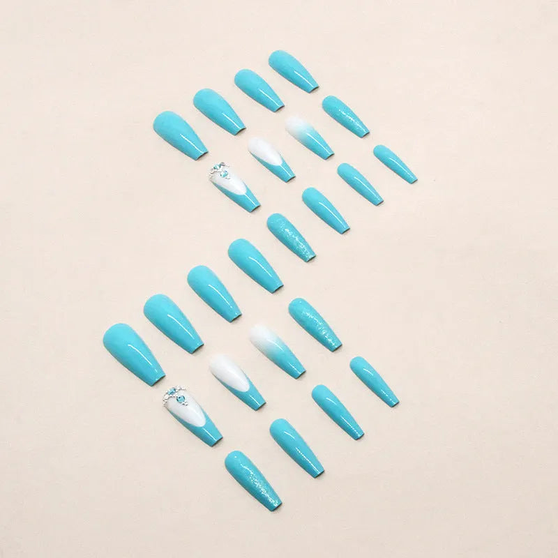 Long ballet false nails in smart blue diamond colour with adhesive glue bottle