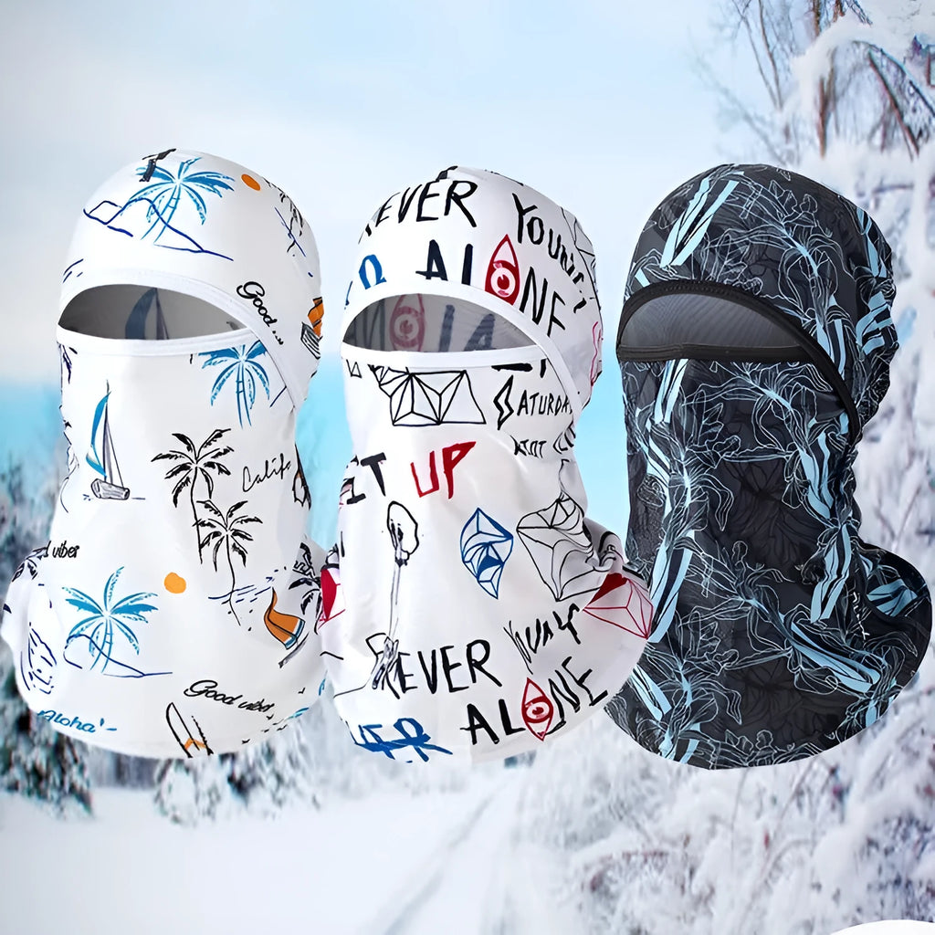 Cotton motorcycle head cover with pattern detail in dome style shown with matching gloves