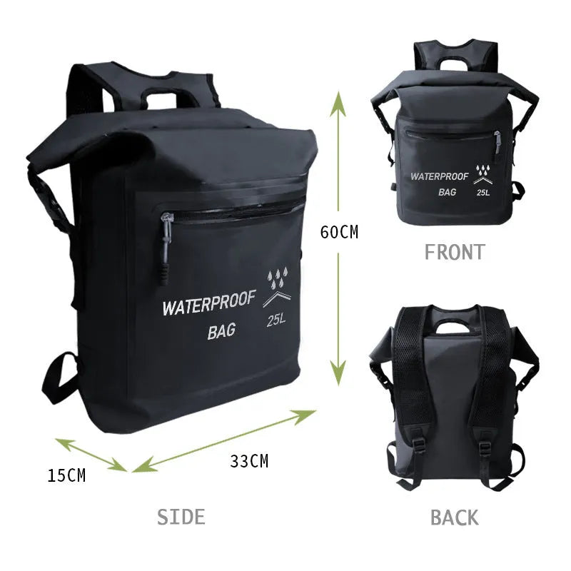 Black 25-litre waterproof outdoor backpack with mesh clips for rafting and swimming.