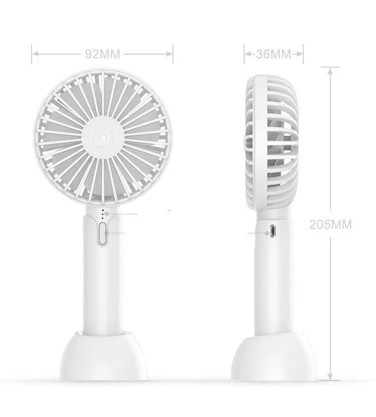 Blue handheld mini USB fan with three speed settings on a desktop