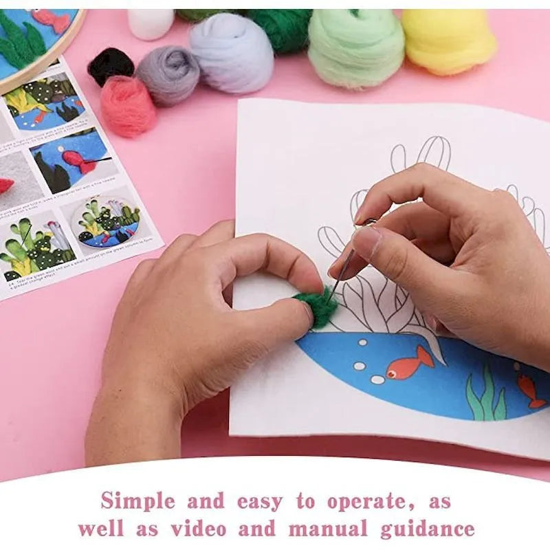 Round linen fabric embroidery kit with wool felt pieces for making a three-dimensional floral blanket painting, includes a free frame.