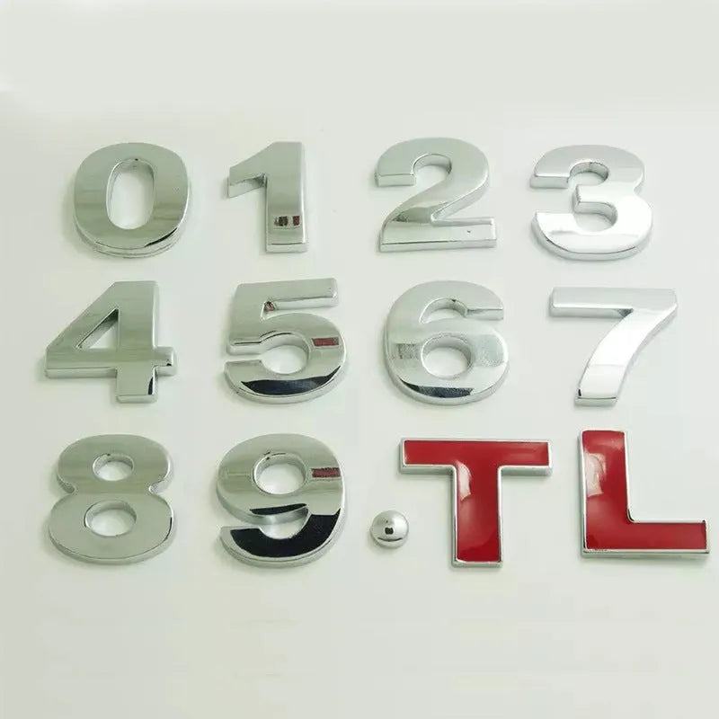 Metal zinc alloy car bumper sticker showing 2.5cm English letter on black background